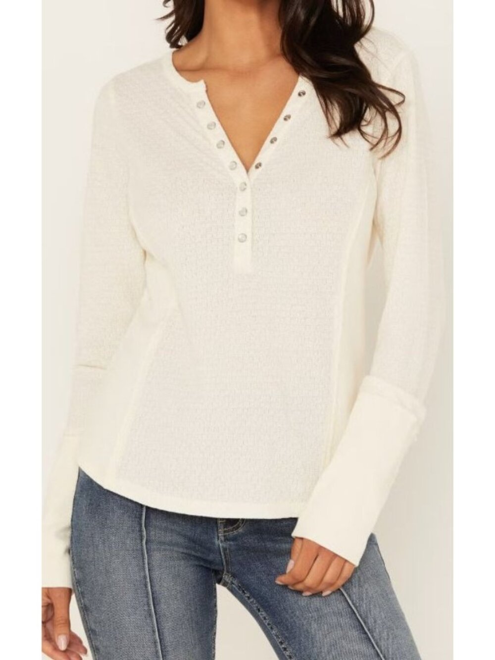 Idyllwind Henley Shirt Size Large Pearl Knit V Neck Long Sleeve Top Ivory Cotton